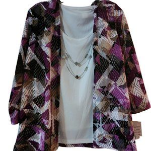 Alfred Dunner Purple Black White Geometric Layered Top